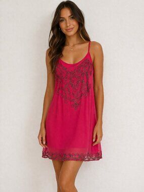 RAGA Y2K Pink Beaded Slip Dress Size Medium Boho Sheer Embellished Mini
